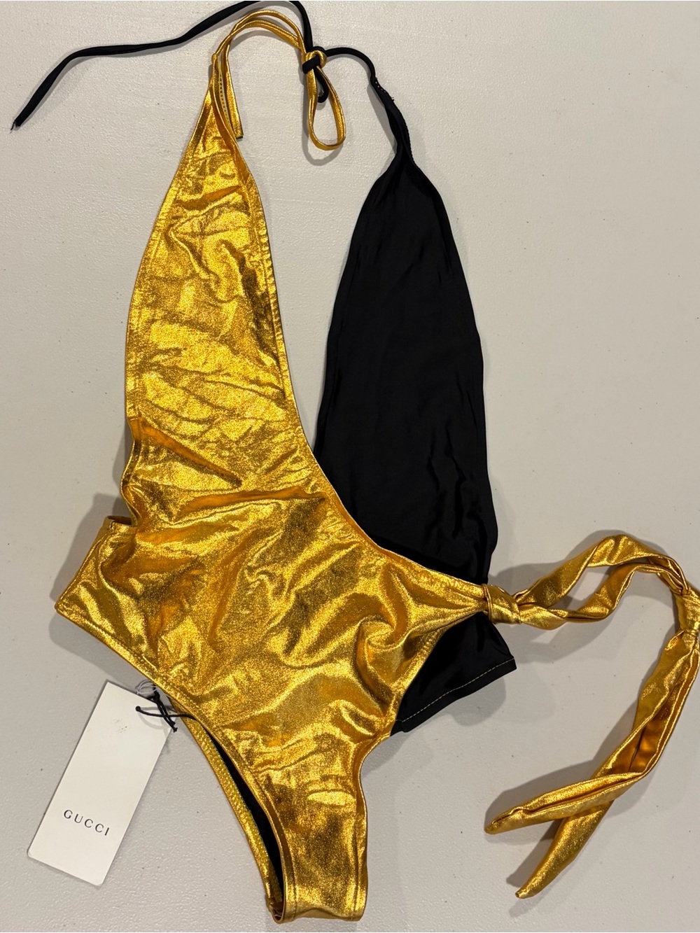 Gucci Gold and Black Halter One-Piece Swimsuit